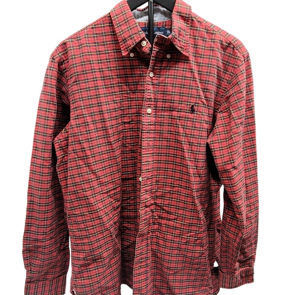 VTG Ralph Lauren Mens Custom Fit Plaid Button Down Shirt Red Yellow Black Sz L